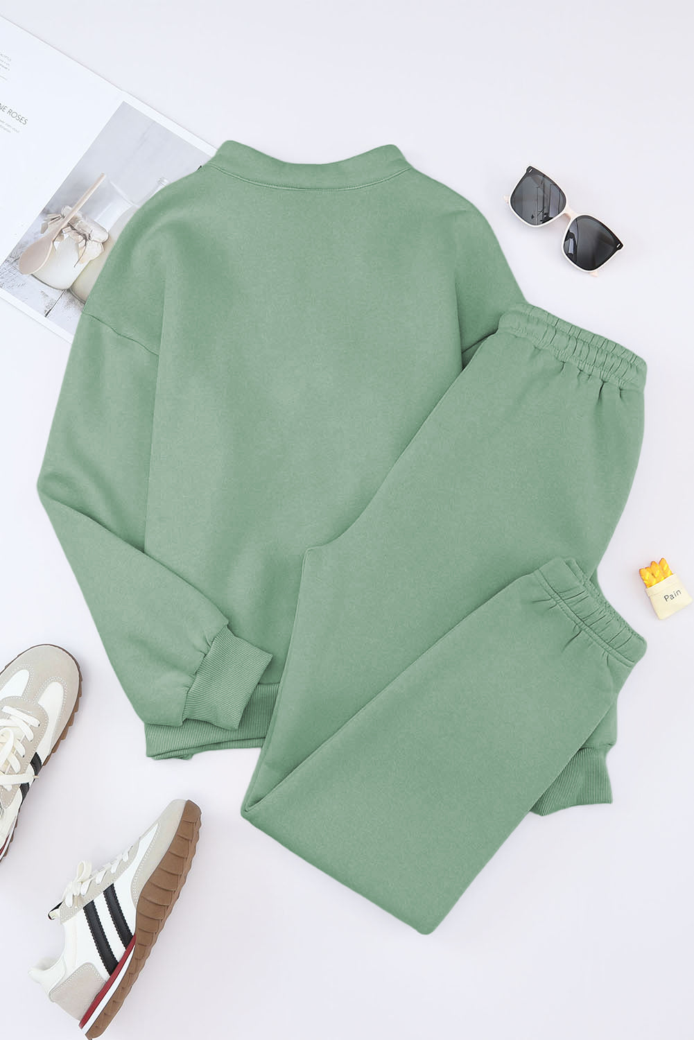 Green Zip Up Stand Collar Slouchy Two-piece Outfit