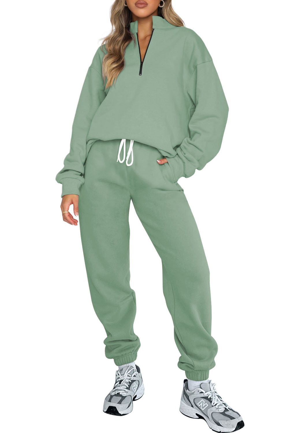 Green Zip Up Stand Collar Slouchy Two-piece Outfit