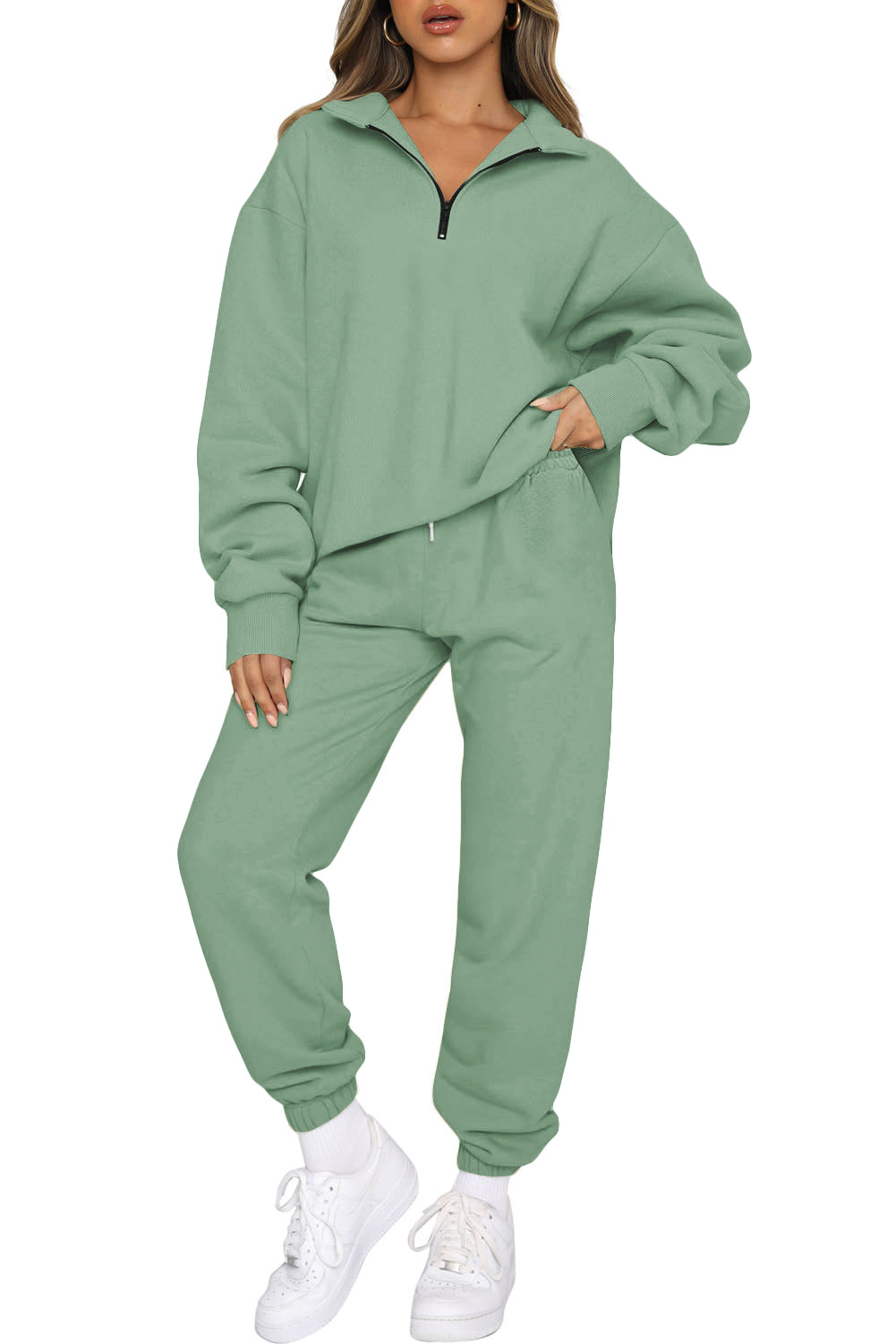 Green Zip Up Stand Collar Slouchy Two-piece Outfit