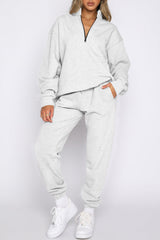 LightGrey Zip Up Stand Collar Slouchy Two-piece Outfit