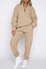 Khaki Zip Up Stand Collar Slouchy Two-piece Outfit