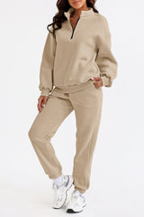 Khaki Zip Up Stand Collar Slouchy Two-piece Outfit