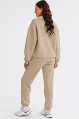 Khaki Zip Up Stand Collar Slouchy Two-piece Outfit