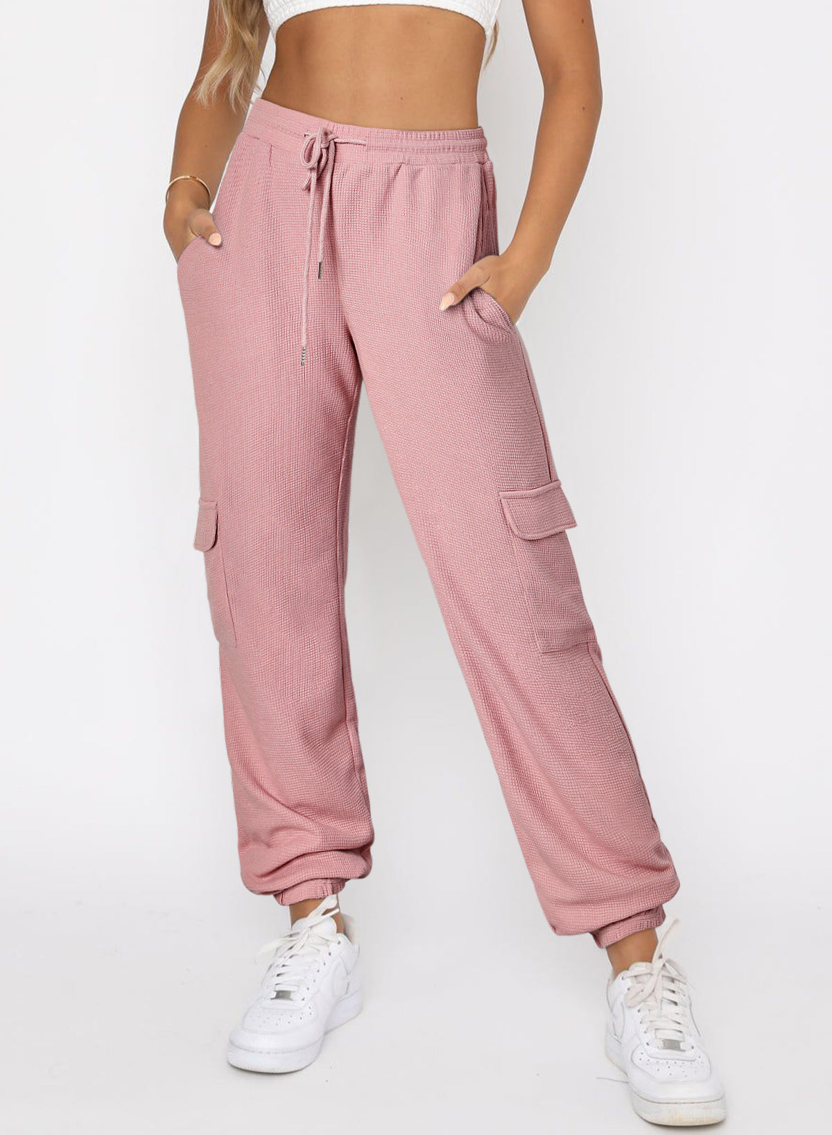 Pink Drawstring Elastic Waist Pull-on Casual Pants with Pockets