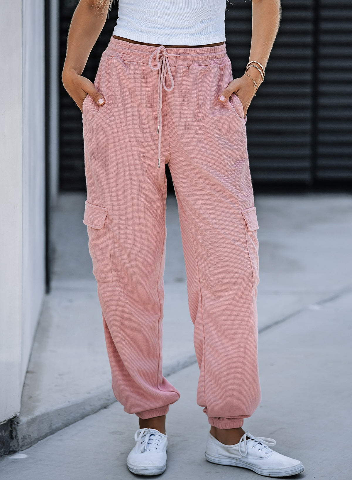 Pink Drawstring Elastic Waist Pull-on Casual Pants with Pockets