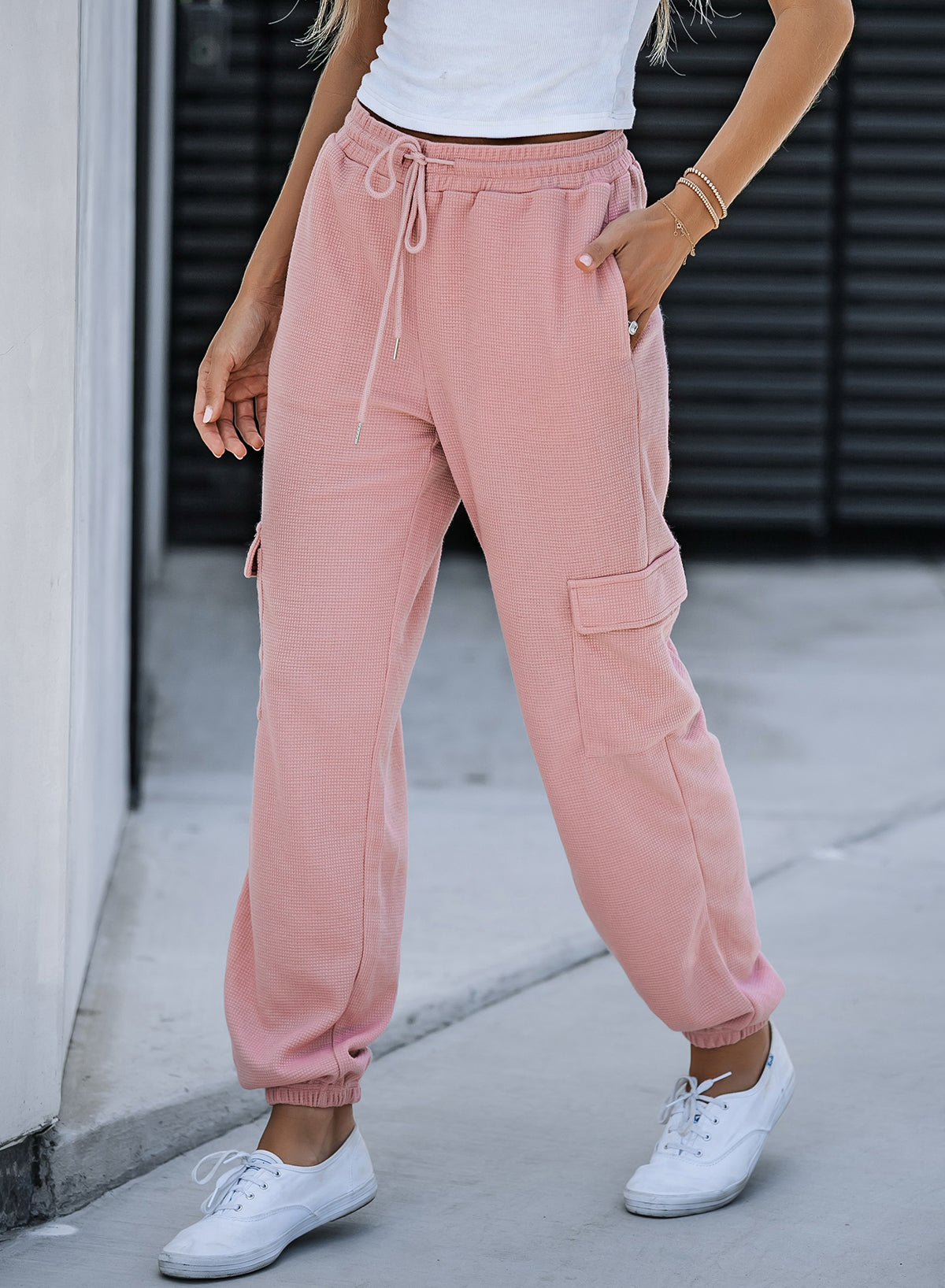 Pink Drawstring Elastic Waist Pull-on Casual Pants with Pockets