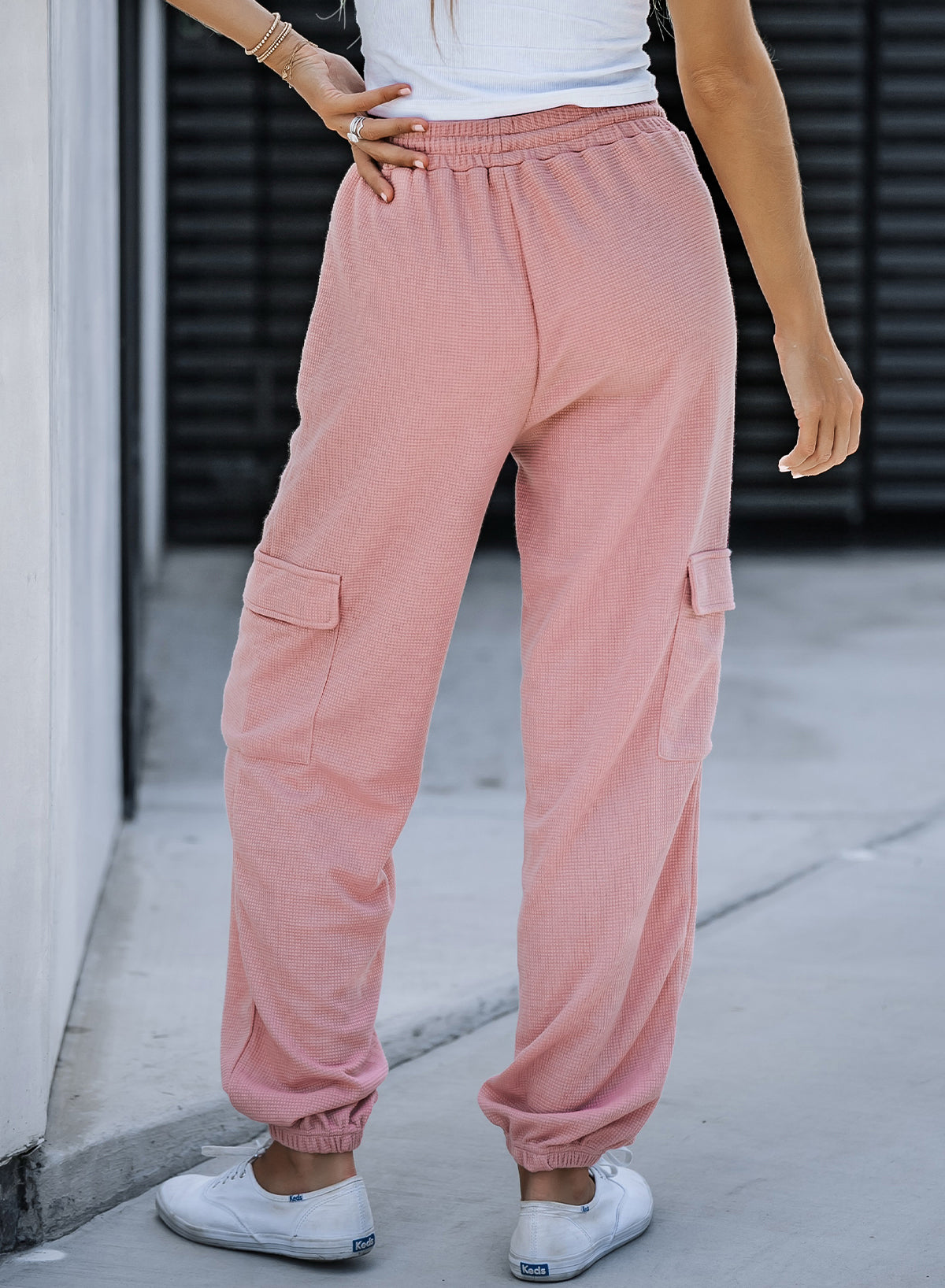 Pink Drawstring Elastic Waist Pull-on Casual Pants with Pockets