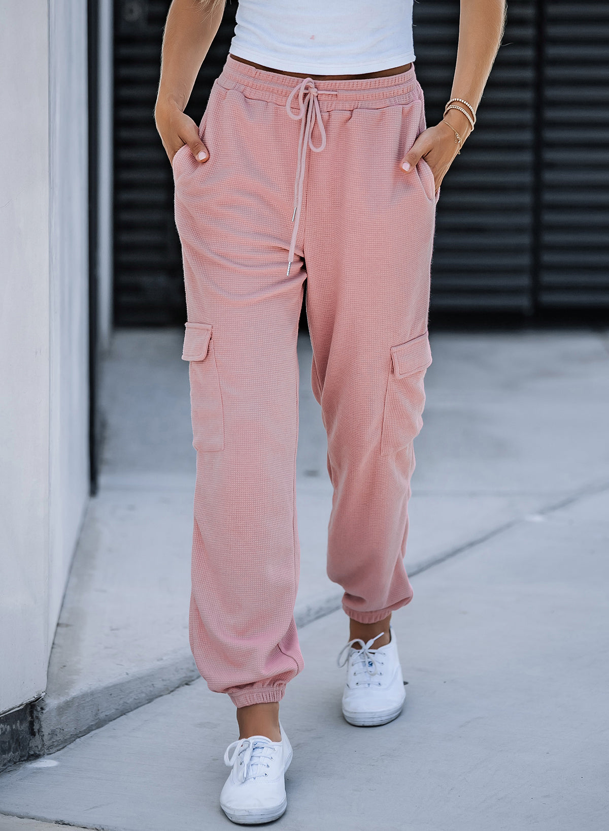 Pink Drawstring Elastic Waist Pull-on Casual Pants with Pockets