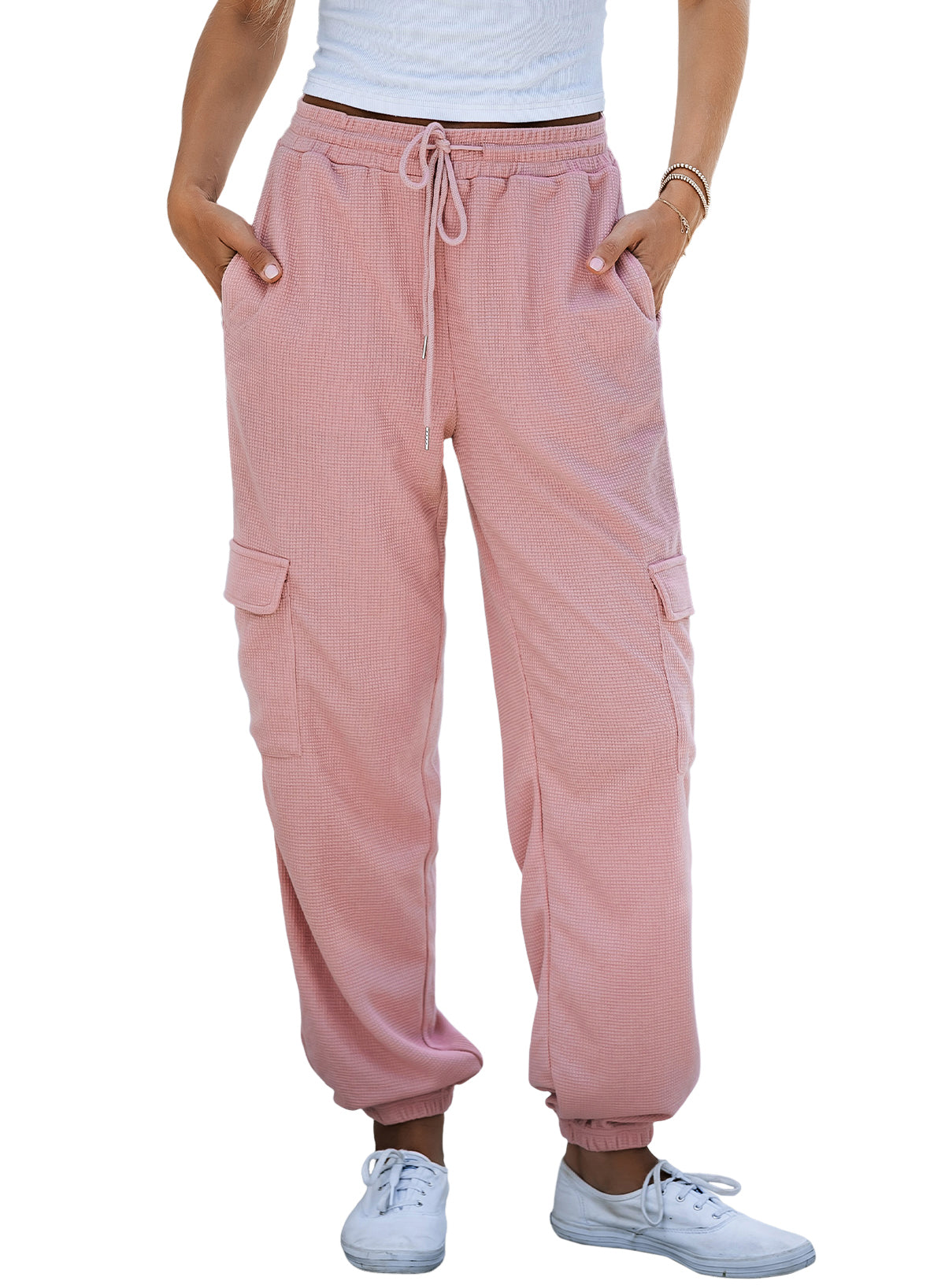 Pink Drawstring Elastic Waist Pull-on Casual Pants with Pockets