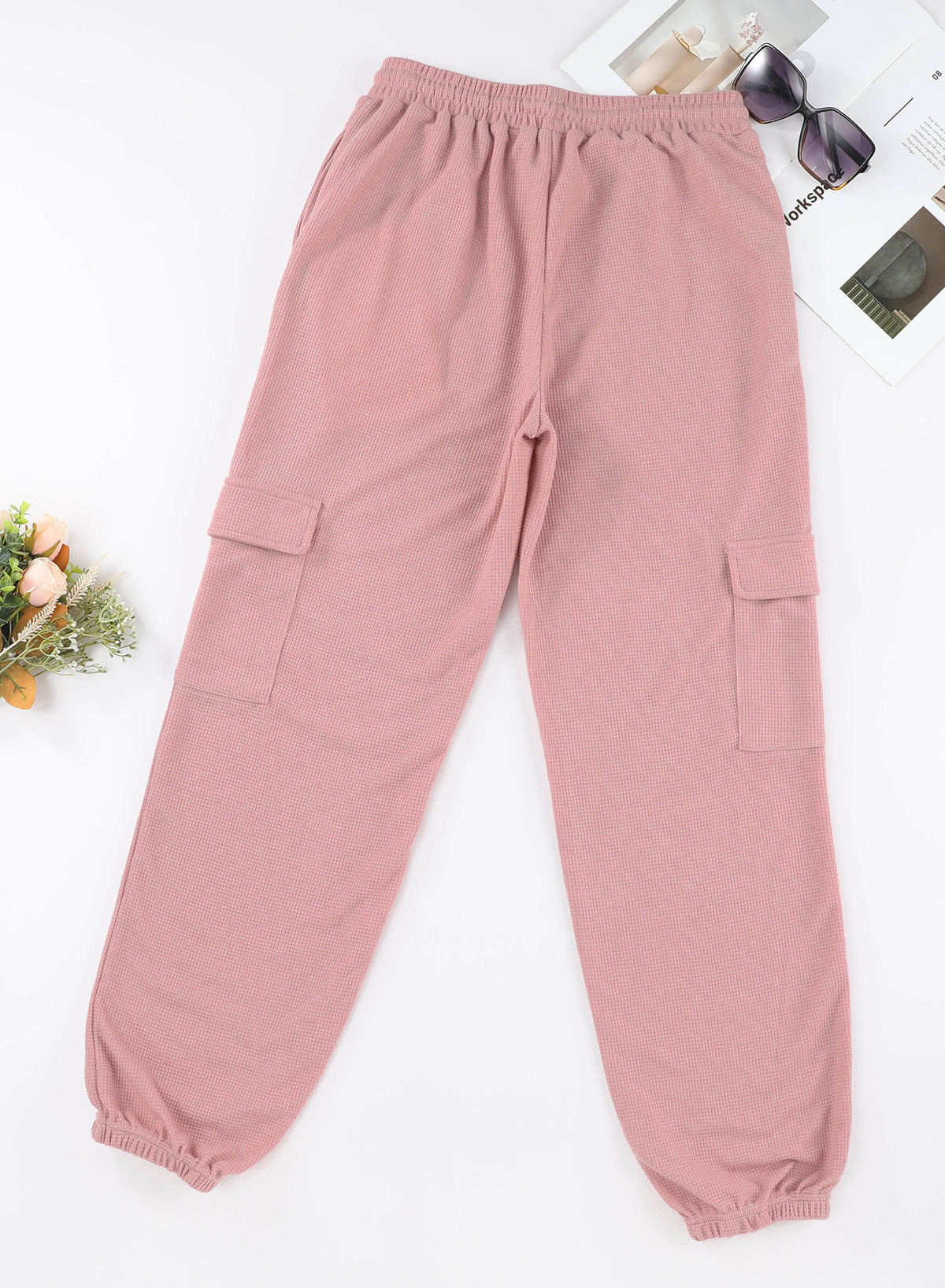 Pink Drawstring Elastic Waist Pull-on Casual Pants with Pockets