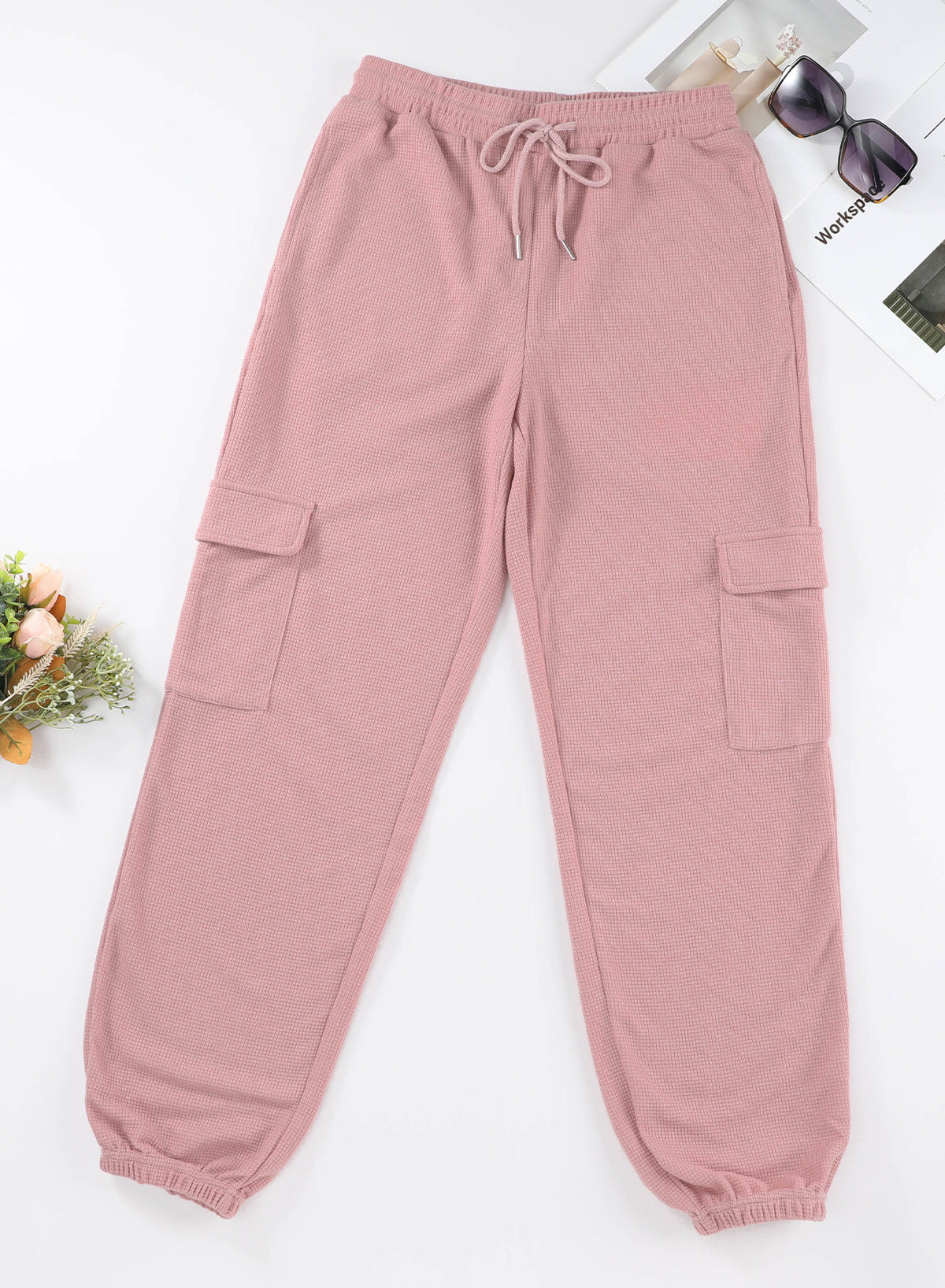 Pink Drawstring Elastic Waist Pull-on Casual Pants with Pockets