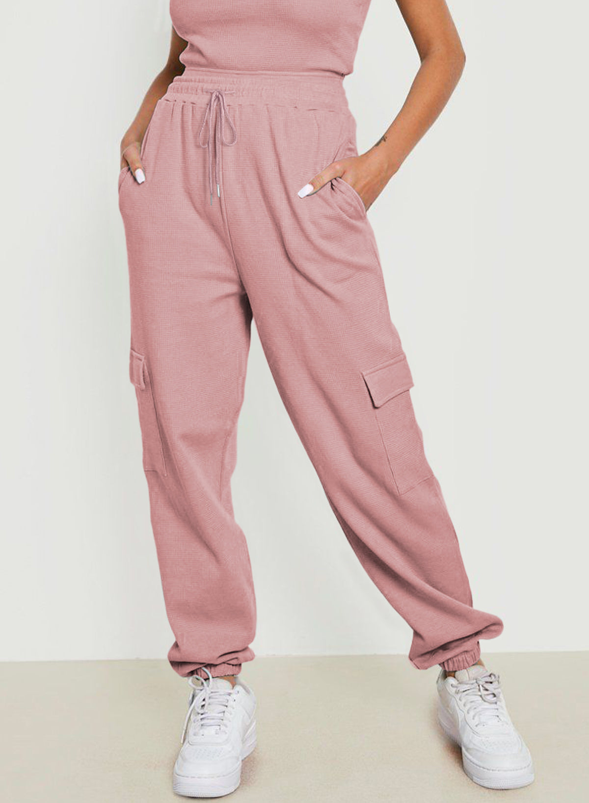 Pink Drawstring Elastic Waist Pull-on Casual Pants with Pockets