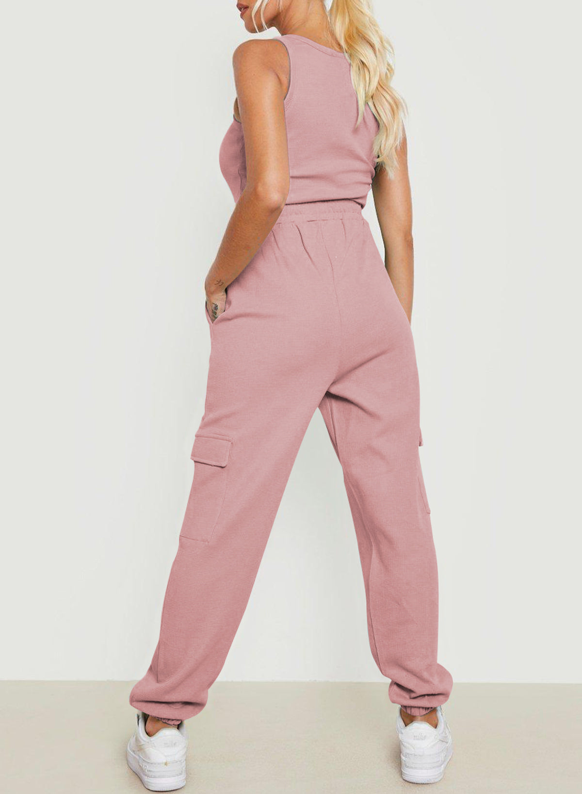 Pink Drawstring Elastic Waist Pull-on Casual Pants with Pockets