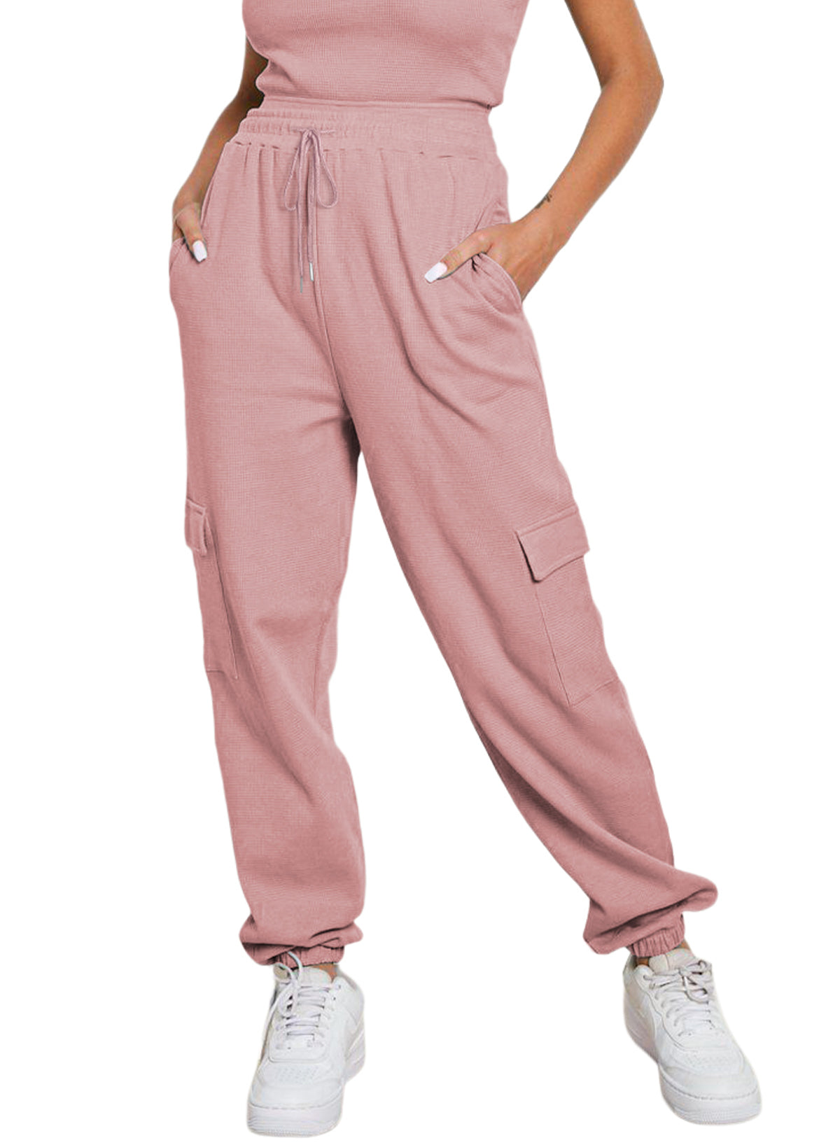 Pink Drawstring Elastic Waist Pull-on Casual Pants with Pockets