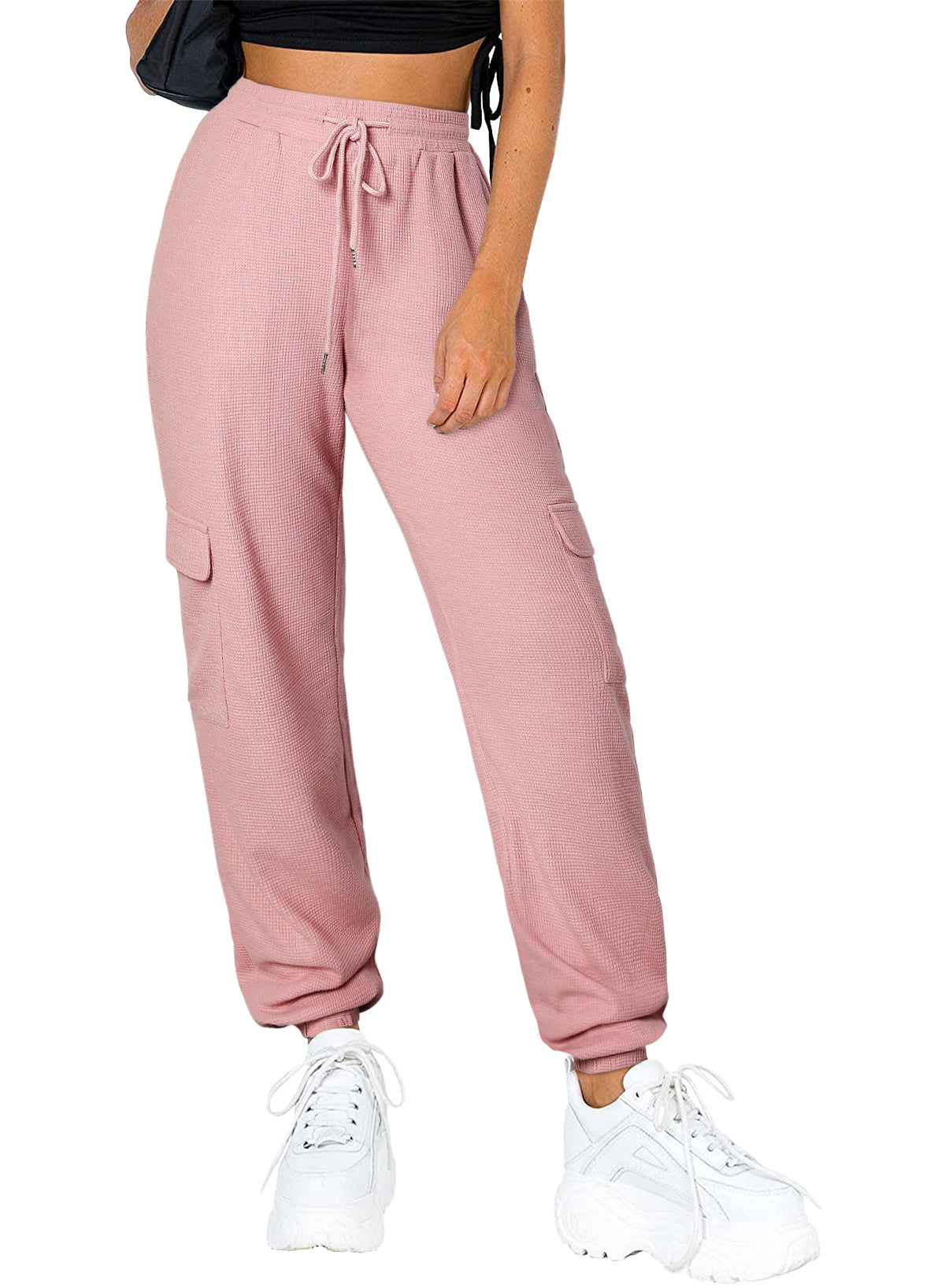 Pink Drawstring Elastic Waist Pull-on Casual Pants with Pockets