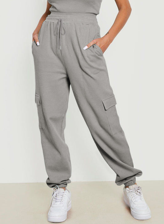 Grey Drawstring Elastic Waist Pull-on Casual Pants with Pockets