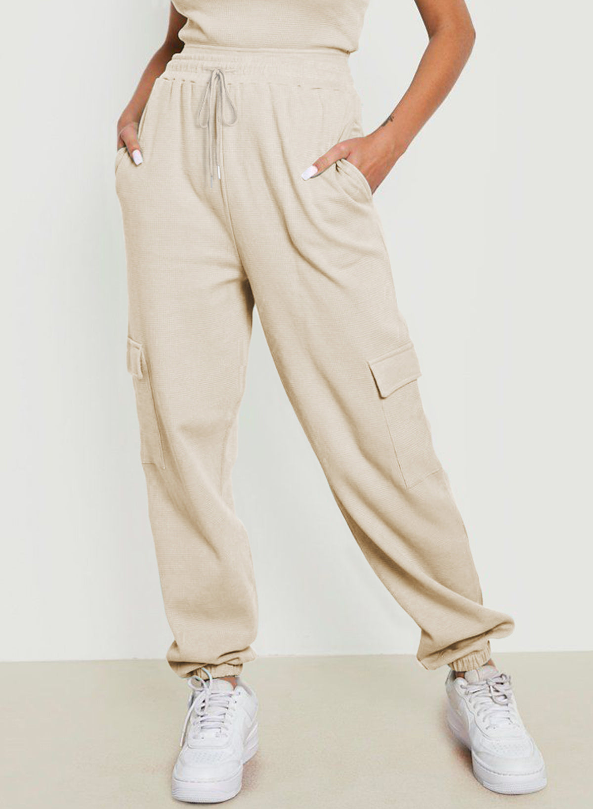 Beige Drawstring Elastic Waist Pull-on Casual Pants with Pockets