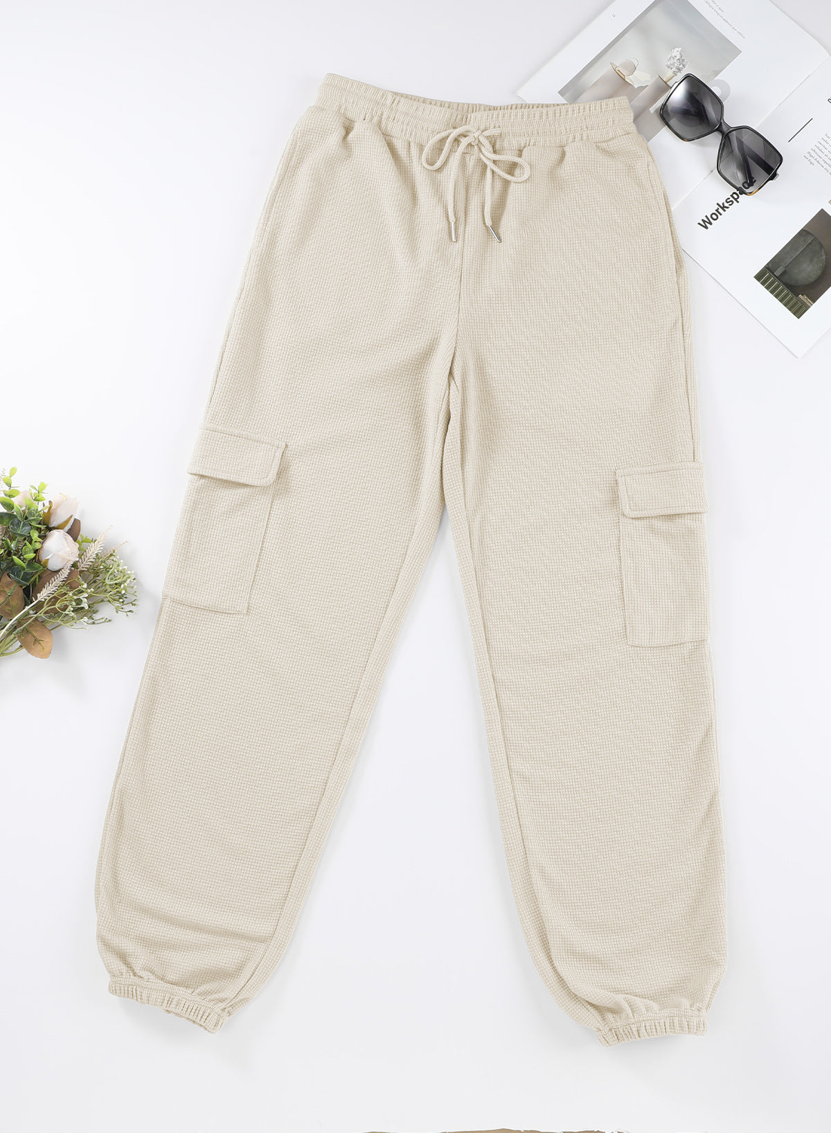 Beige Drawstring Elastic Waist Pull-on Casual Pants with Pockets