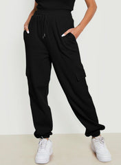 Black Drawstring Elastic Waist Pull-on Casual Pants with Pockets