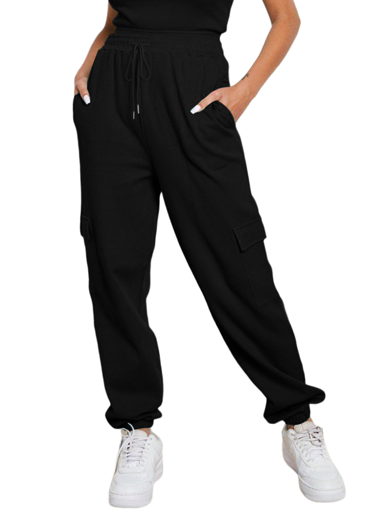 Black Drawstring Elastic Waist Pull-on Casual Pants with Pockets