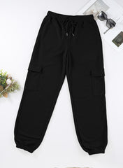 Black Drawstring Elastic Waist Pull-on Casual Pants with Pockets