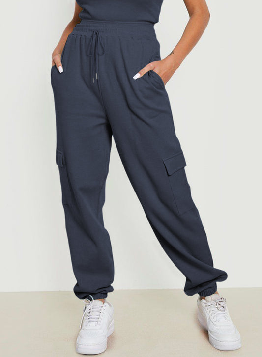 Navy Drawstring Elastic Waist Pull-on Casual Pants with Pockets