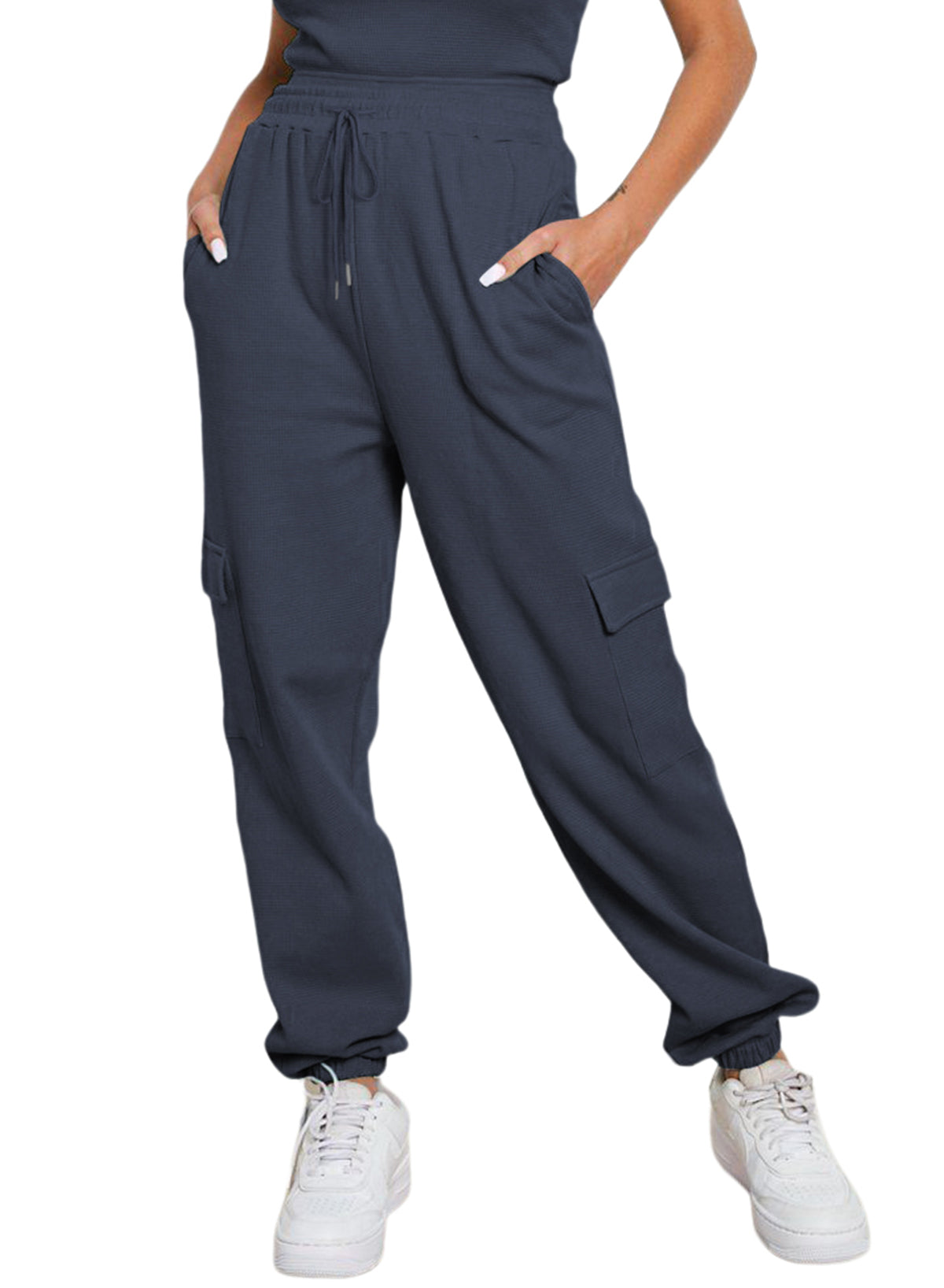 Navy Drawstring Elastic Waist Pull-on Casual Pants with Pockets