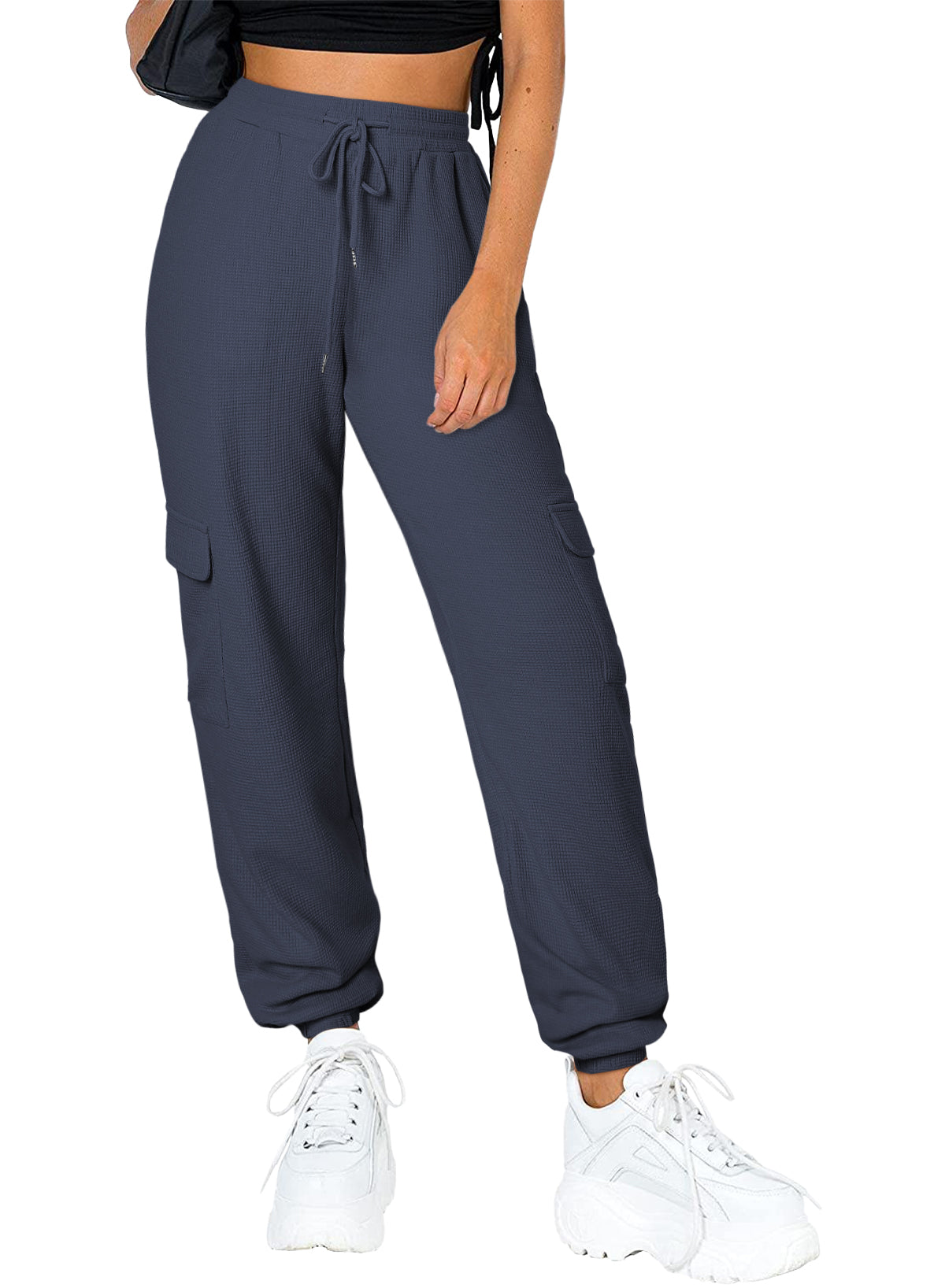 Navy Drawstring Elastic Waist Pull-on Casual Pants with Pockets