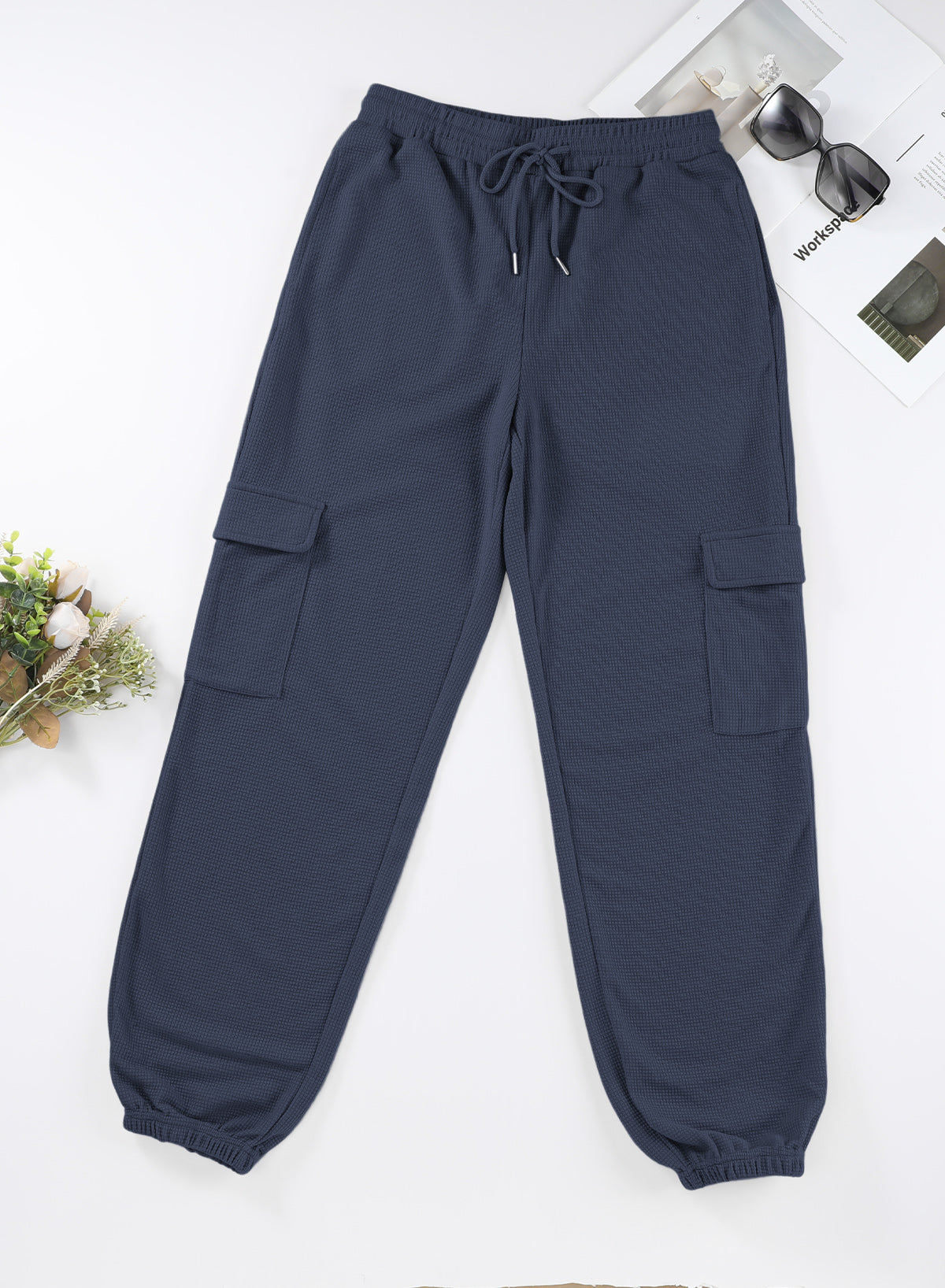 Navy Drawstring Elastic Waist Pull-on Casual Pants with Pockets