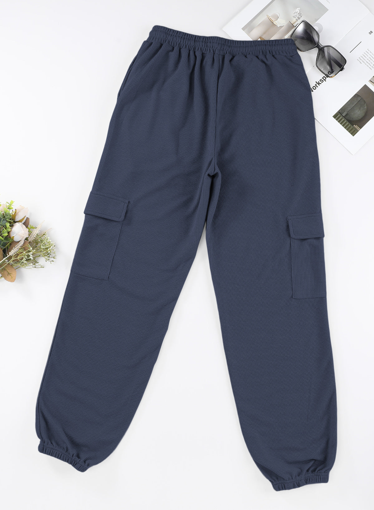 Navy Drawstring Elastic Waist Pull-on Casual Pants with Pockets