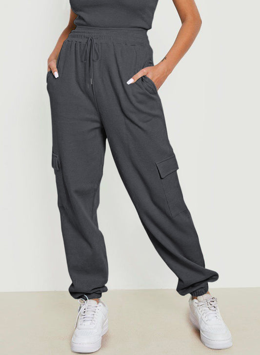 Dark Grey Drawstring Elastic Waist Pull-on Casual Pants with Pockets