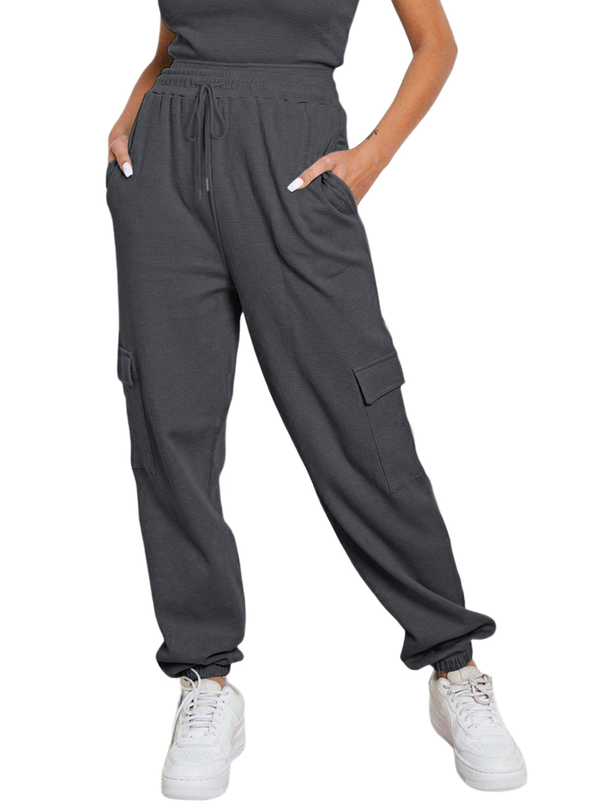 Dark Grey Drawstring Elastic Waist Pull-on Casual Pants with Pockets