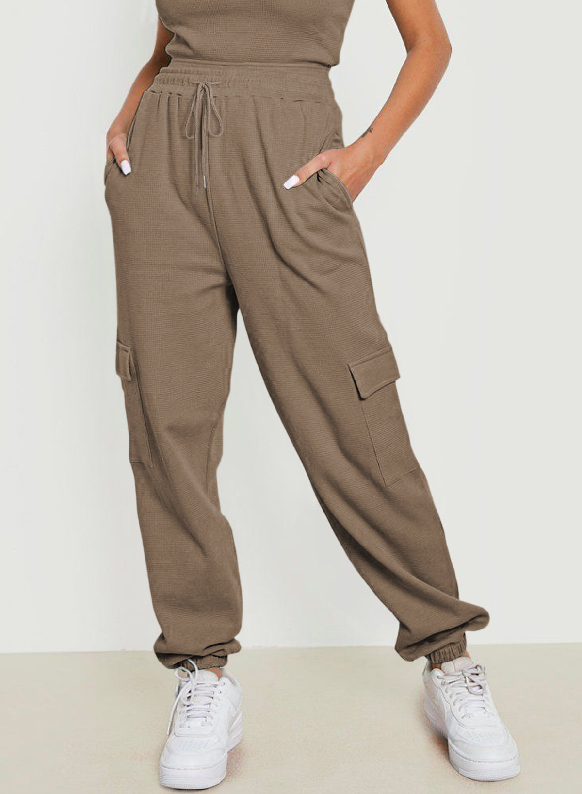 Khaki Drawstring Elastic Waist Pull-on Casual Pants with Pockets