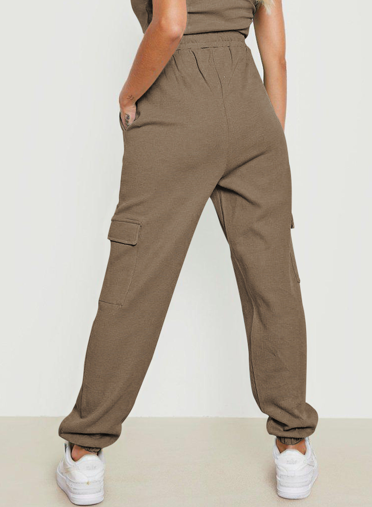 Khaki Drawstring Elastic Waist Pull-on Casual Pants with Pockets