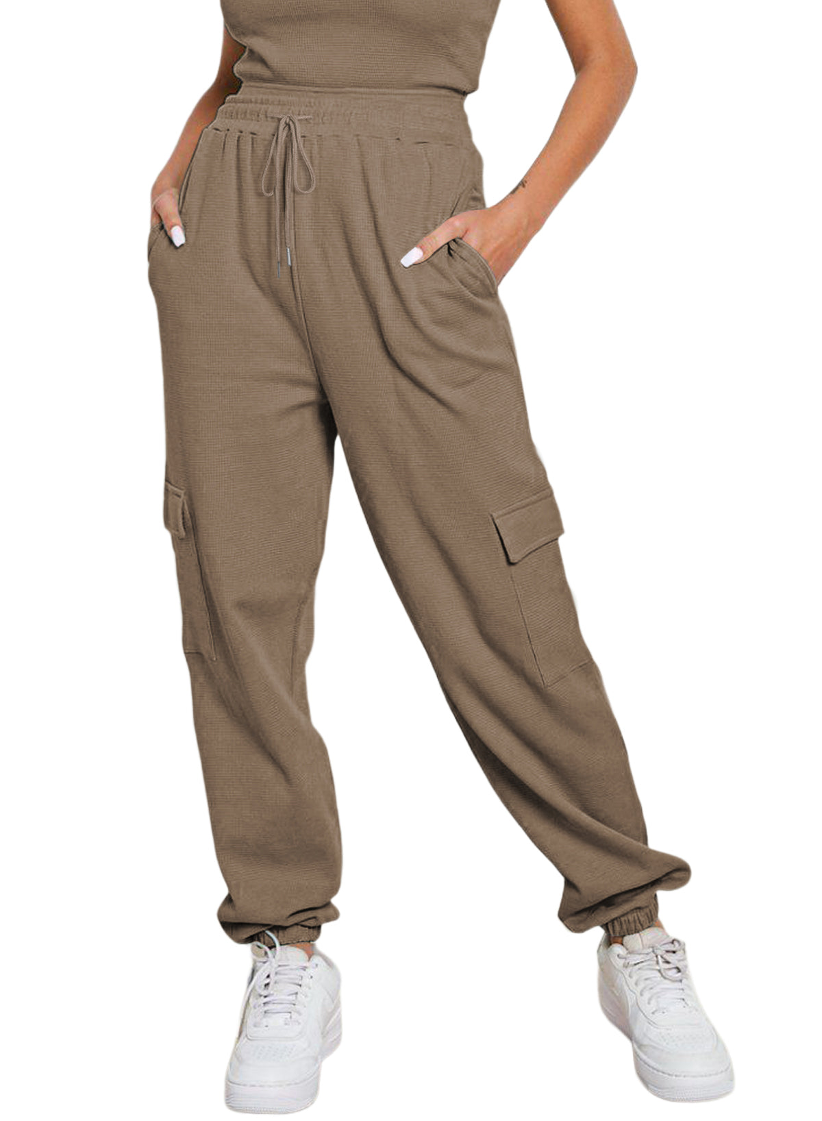 Khaki Drawstring Elastic Waist Pull-on Casual Pants with Pockets