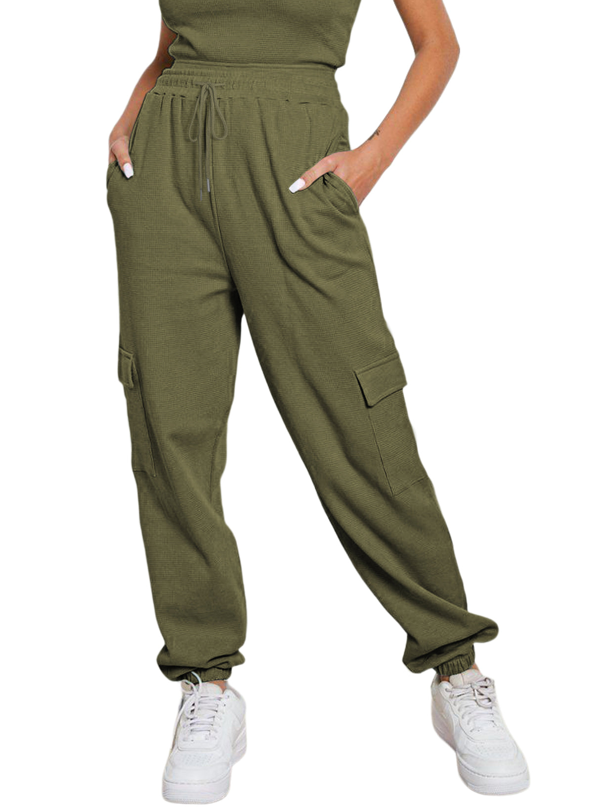 Green Drawstring Elastic Waist Pull-on Casual Pants with Pockets