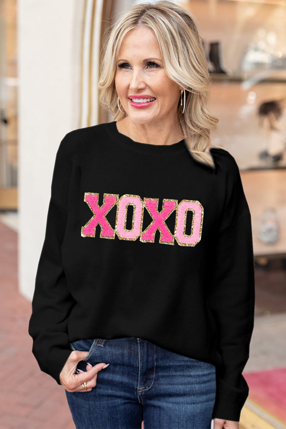 Black XOXO Glitter Print Round Neck Casual Sweater