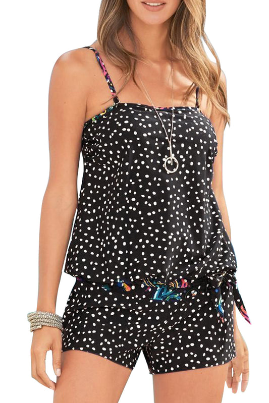 Black Dotted Print Tankini Swimwear