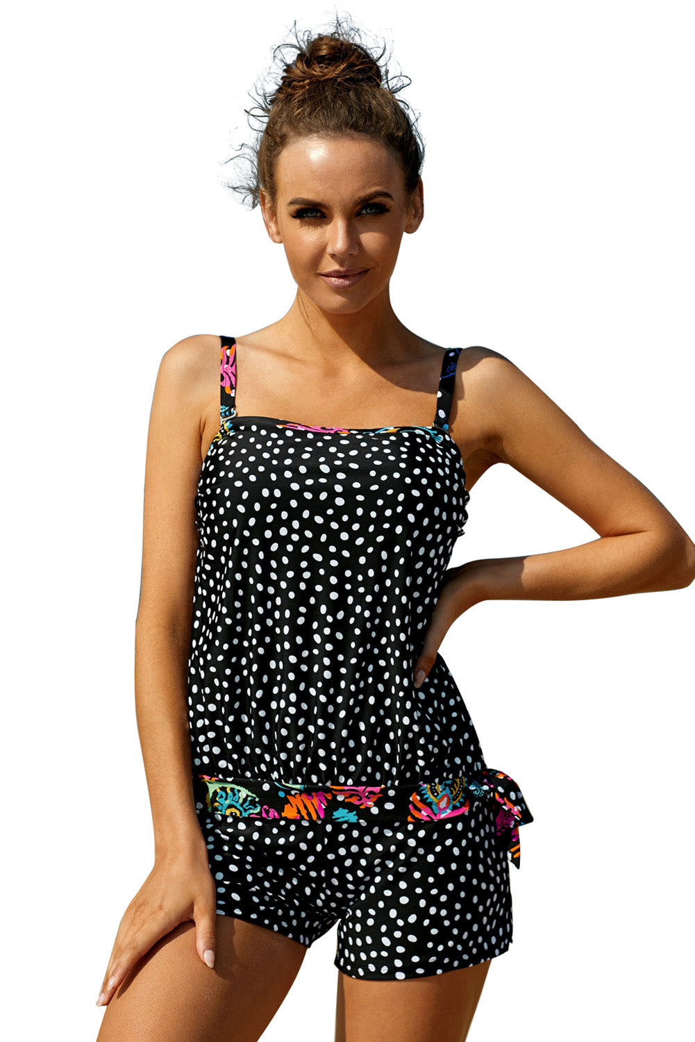 Black Dotted Print Tankini Swimwear