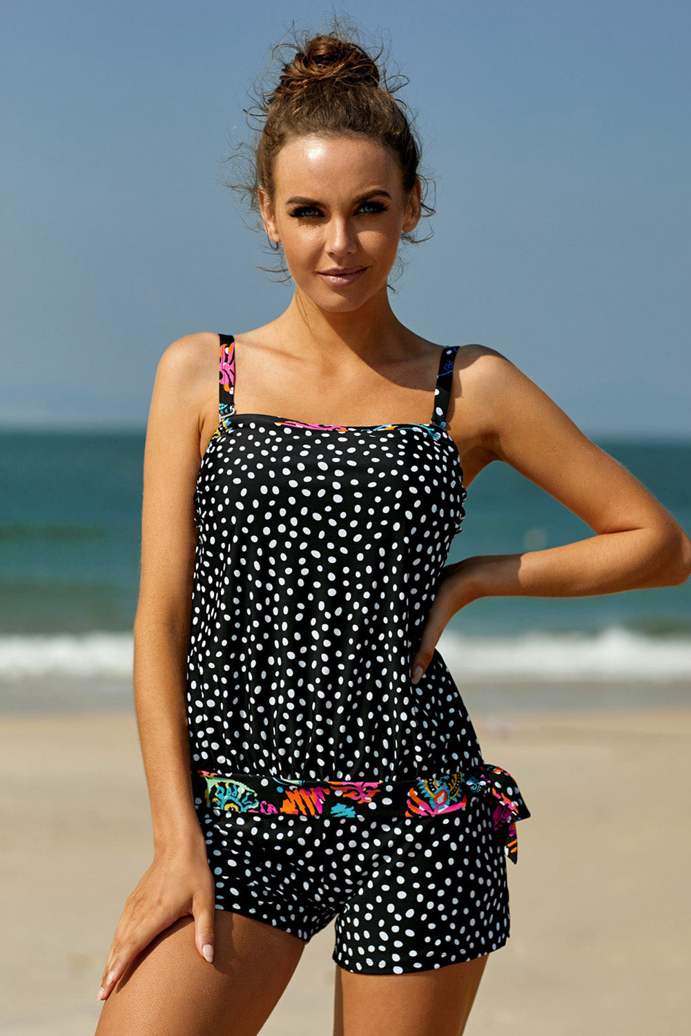 Black Dotted Print Tankini Swimwear