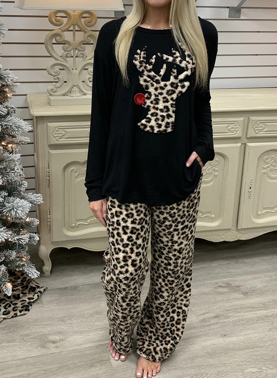 Leopard Christmas household two-piece outfit