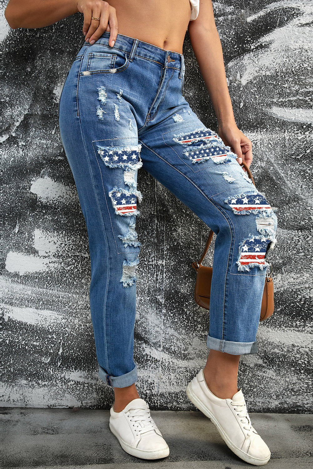 Sky Blue Heart-shape American Flag Patch Frayed Jeans