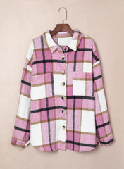 Plaid Color Block Buttoned Long Sleeve Jacket With Pocket