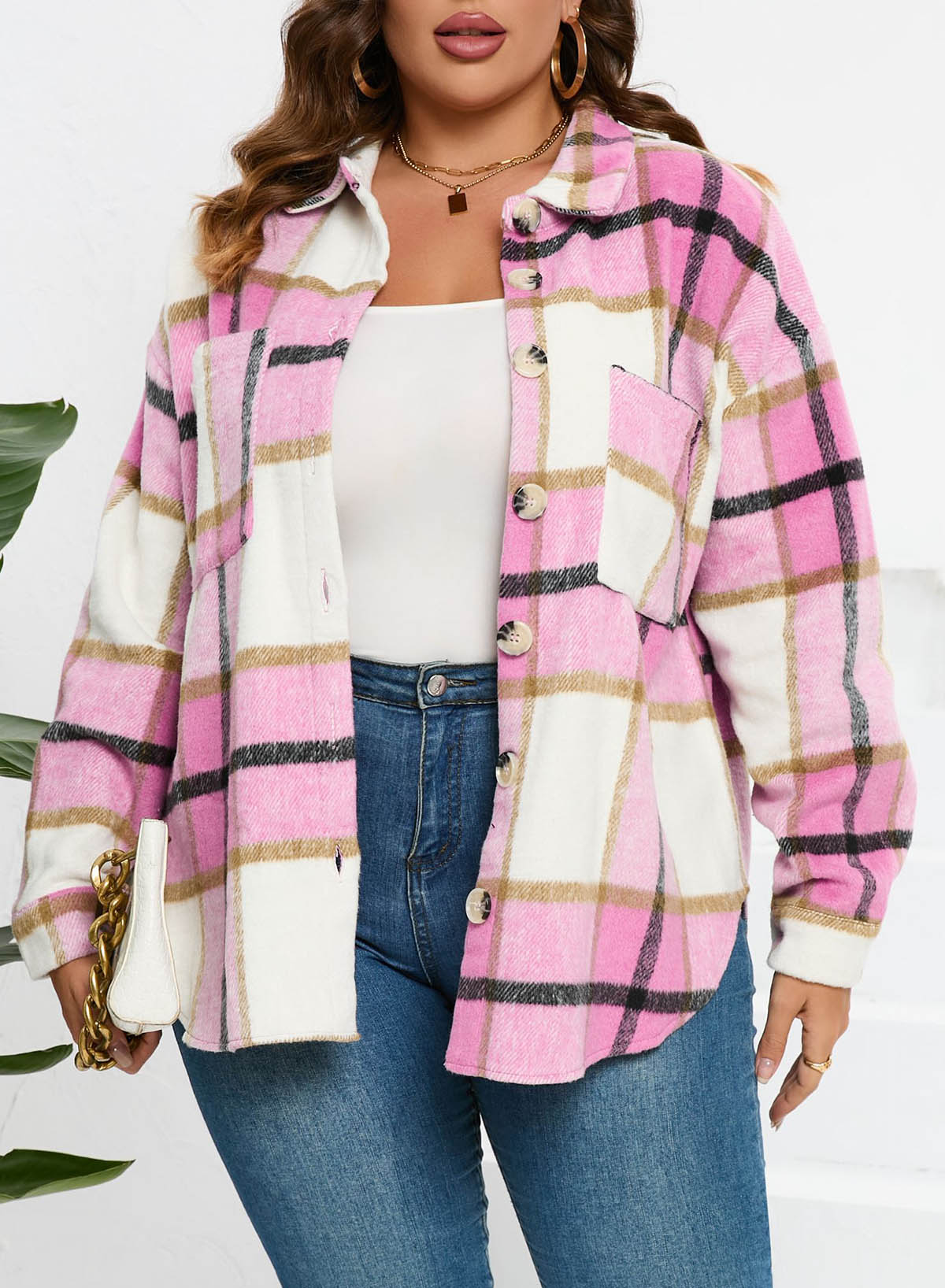 Plaid Color Block Buttoned Long Sleeve Jacket With Pocket