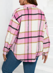 Plaid Color Block Buttoned Long Sleeve Jacket With Pocket