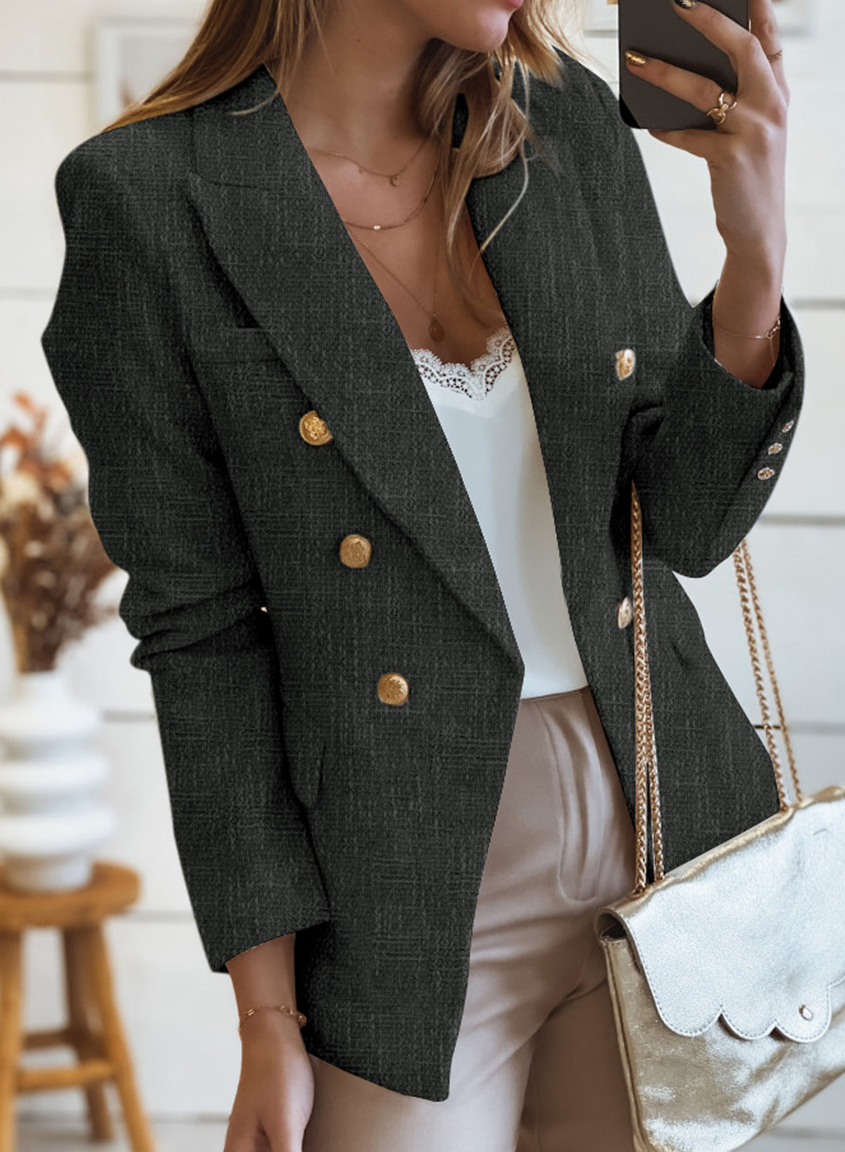 Black Double-breasted Textures Long Sleeve Business Jacket