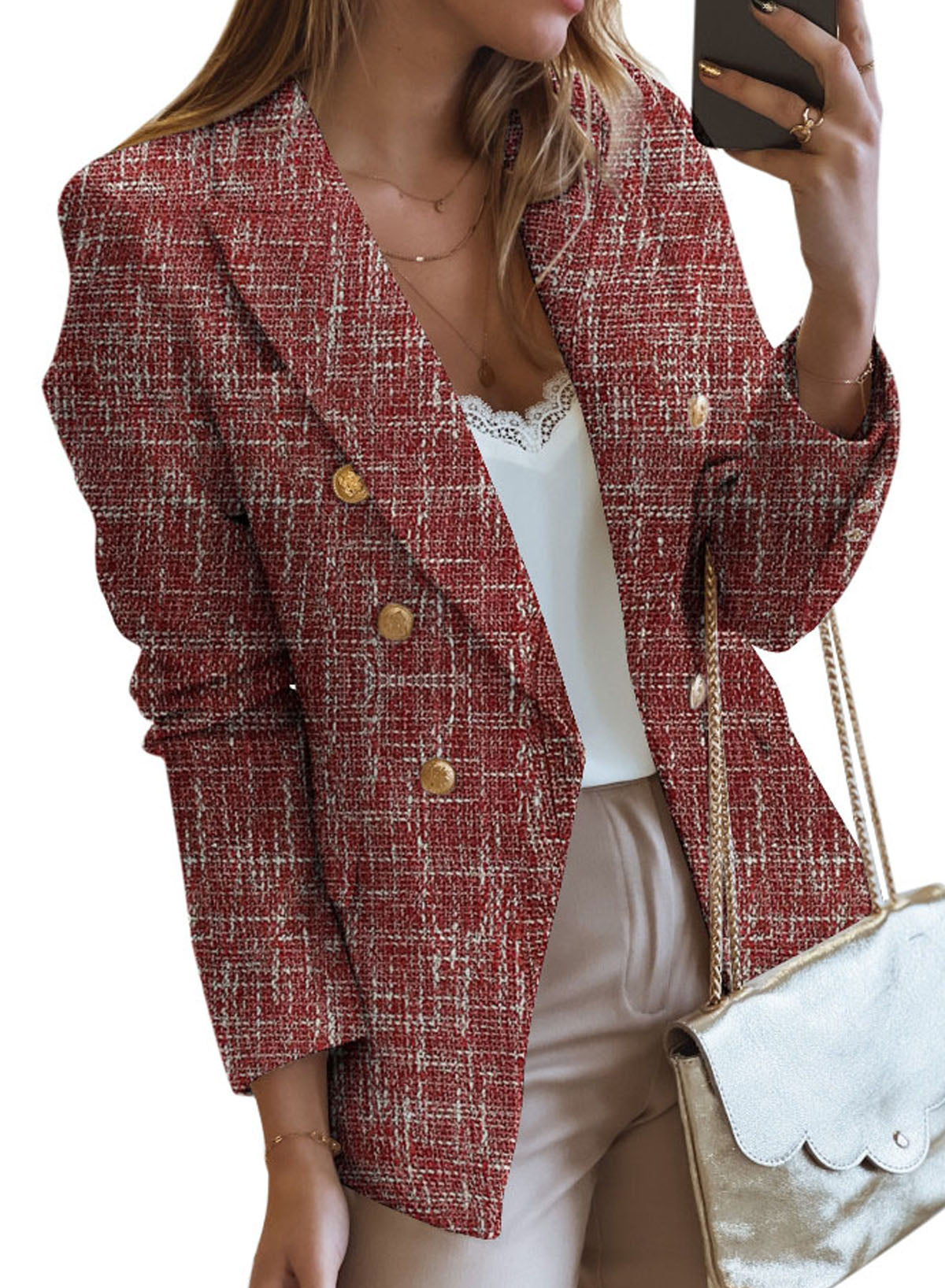 Red Double-breasted Textures Long Sleeve Business Jacket