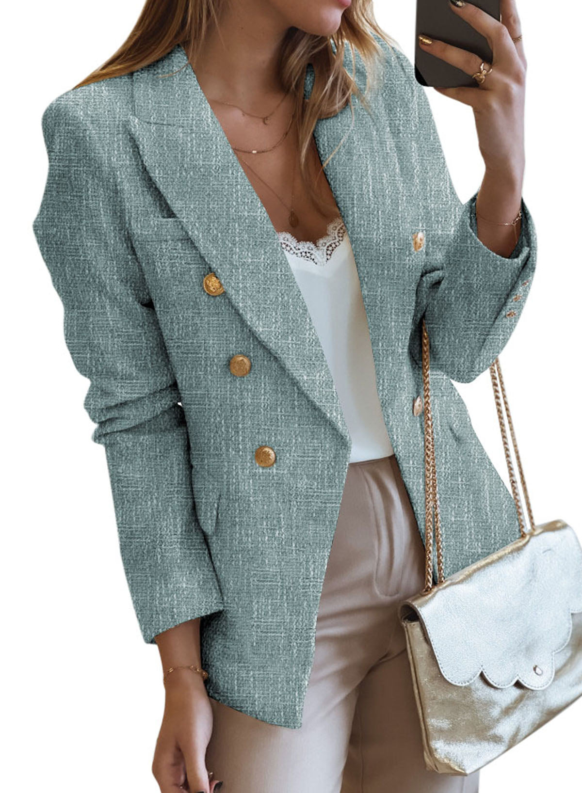 Blue Double-breasted Textures Long Sleeve Business Jacket