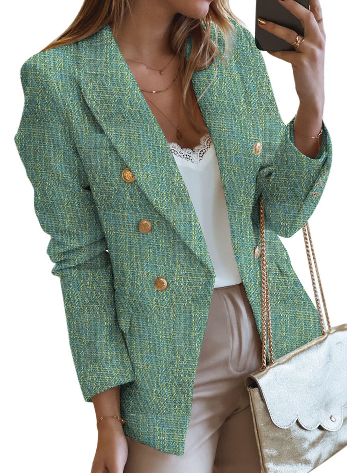 Green Double-breasted Textures Long Sleeve Business Jacket