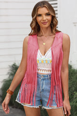 Pink Fringed Quilted Hem Open Vest Coat